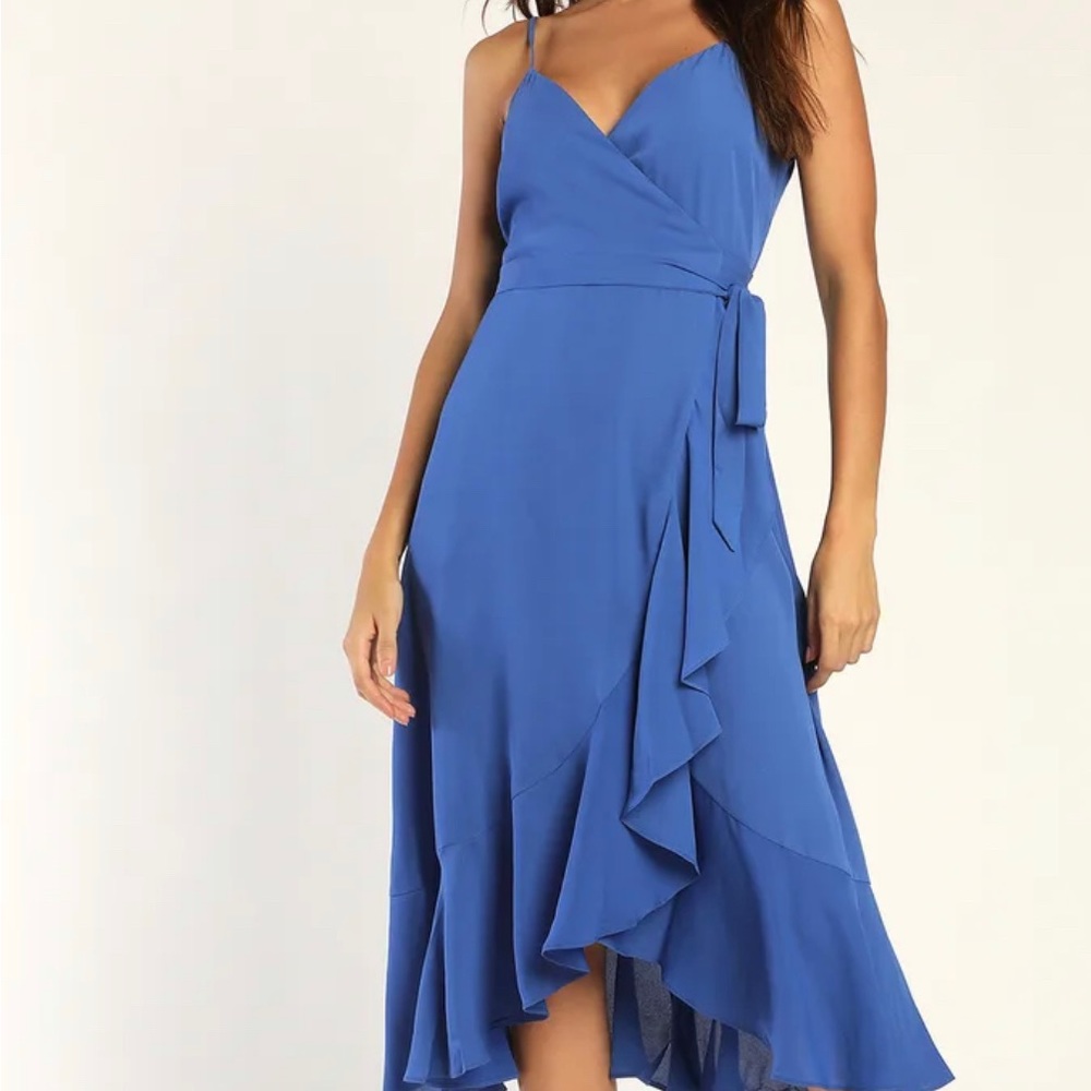 Lulu’s Manhattan Moment Blue Ruffled Midi Wrap Dress